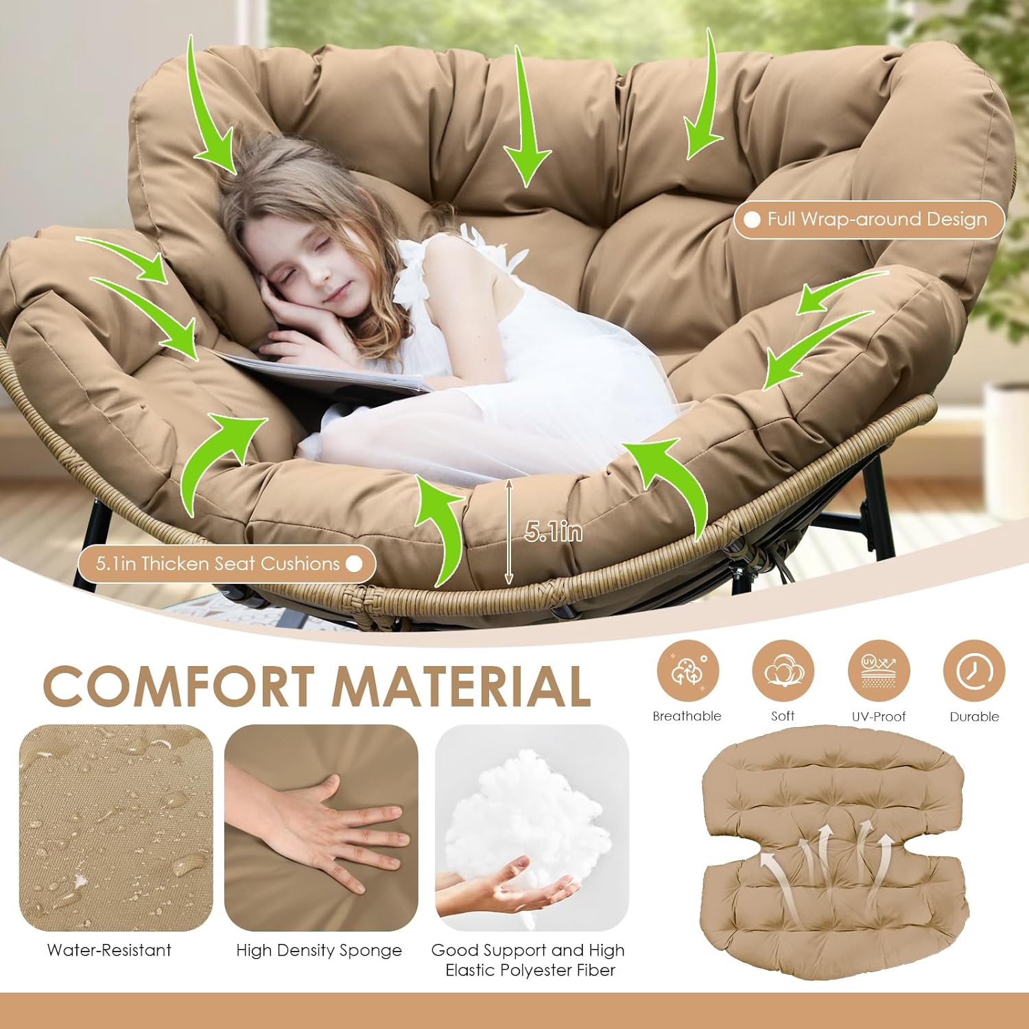 RADIATA Rocking Papasan Chair Outdoor with Cushion, Oversized Extra Large Padded Patio Lounge Chairs, Deep Wide Royal Rocking Chair with 450 lbs Capacity for Backyard, Outside, Garden, Lawn, Brown