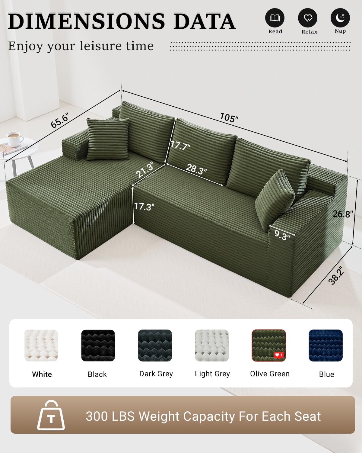 Cloud Sectional Couch,105 Inch Modern Modular Sectional Sofa with Deep Seat,Corduroy Boneless Couches with L-Shape Chaise for Living Room Bedroom,No Assembly Required (Green, Left Facing Chaise)