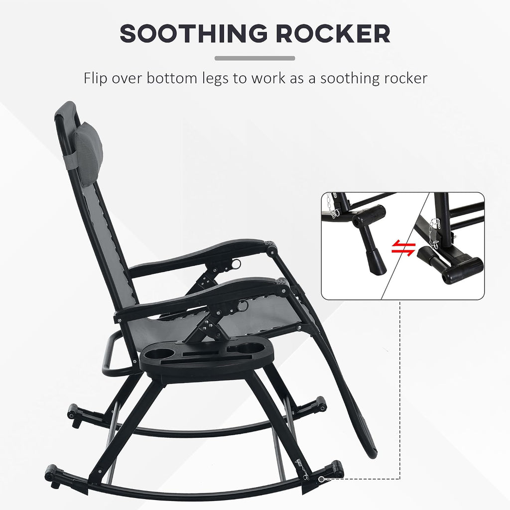 Outsunny Set of 2 Outdoor Rocking Chairs, Foldable Reclining Zero Gravity Lounge Rocker with Pillow, Cup & Phone Holder, Combo Design with Folding Legs, Gray