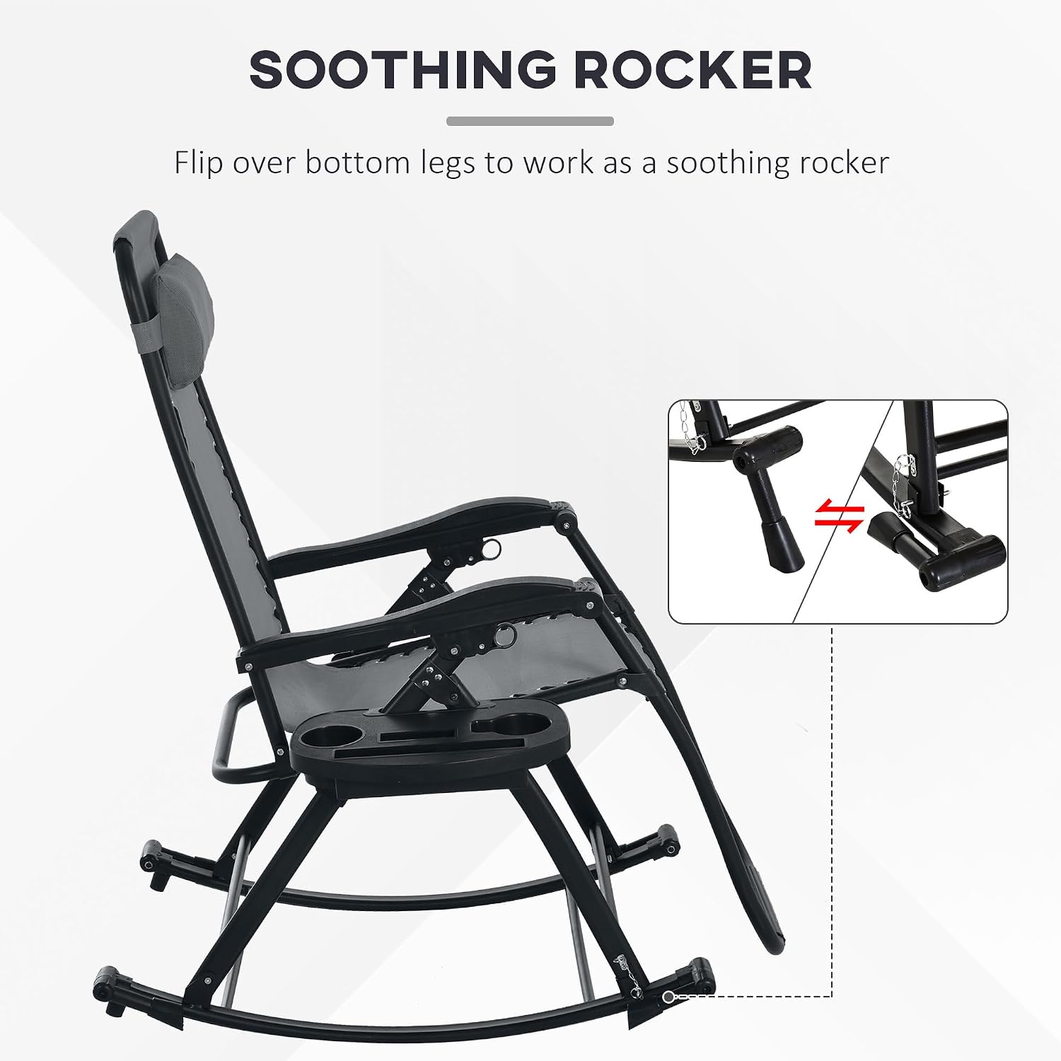 Outsunny Set of 2 Outdoor Rocking Chairs, Foldable Reclining Zero Gravity Lounge Rocker with Pillow, Cup & Phone Holder, Combo Design with Folding Legs, Gray