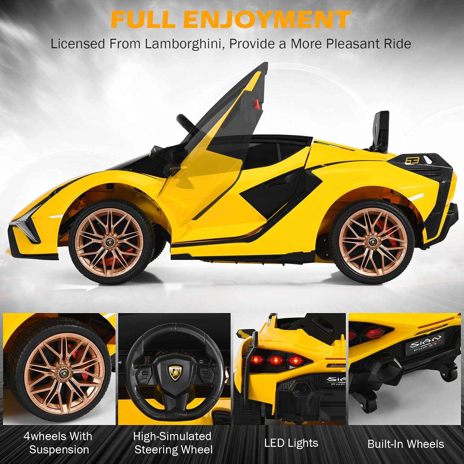 INFANS 12V Licensed Lamborghini Sian Kids Ride On Car with Parent Remote Control, Spring Suspension, MP3 Player, Electric Toy Roadster Carbon Fiber Textured for Toddler (Yellow)