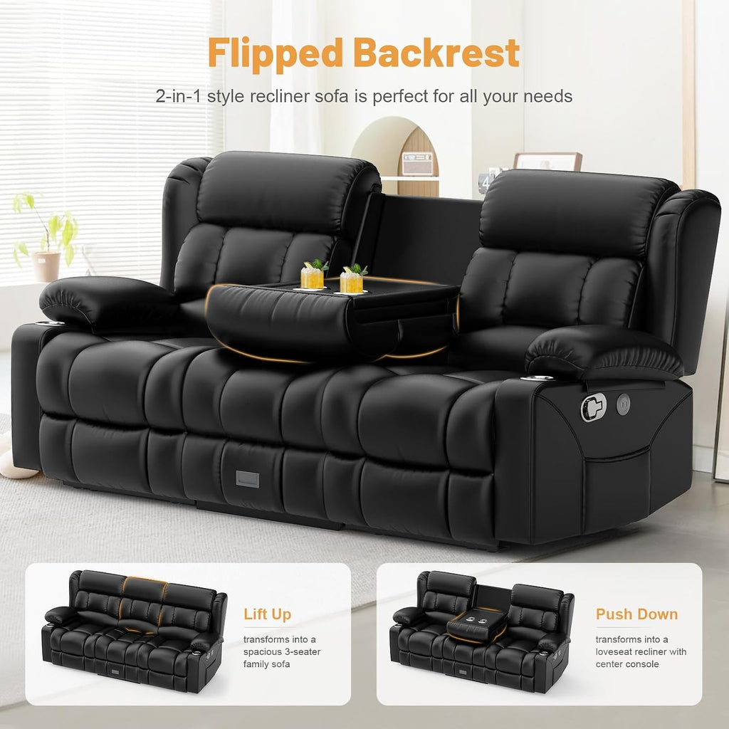 Dresegmt Loveseat Recliner Sofa, Flip Middle Backrest Design PU Leather 3 Seat Reclining Sofa with Storage Drawer, Manual Couch for Living Room/RV (Black, PU)