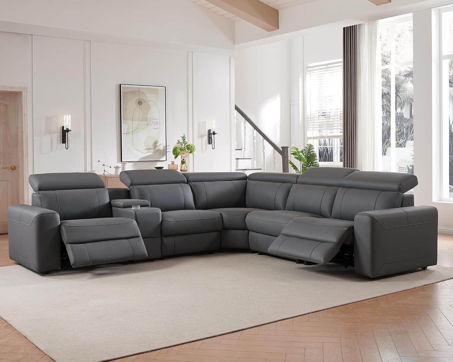 AMERLIFE Power Recliner Sectional Sofa with Storage/USB Port, Leather Recliner Sofa with Adjustable Headrest, Reclining Sectional Couches with Console and Cup Holder for Living Room (Gray, 5-Seater)