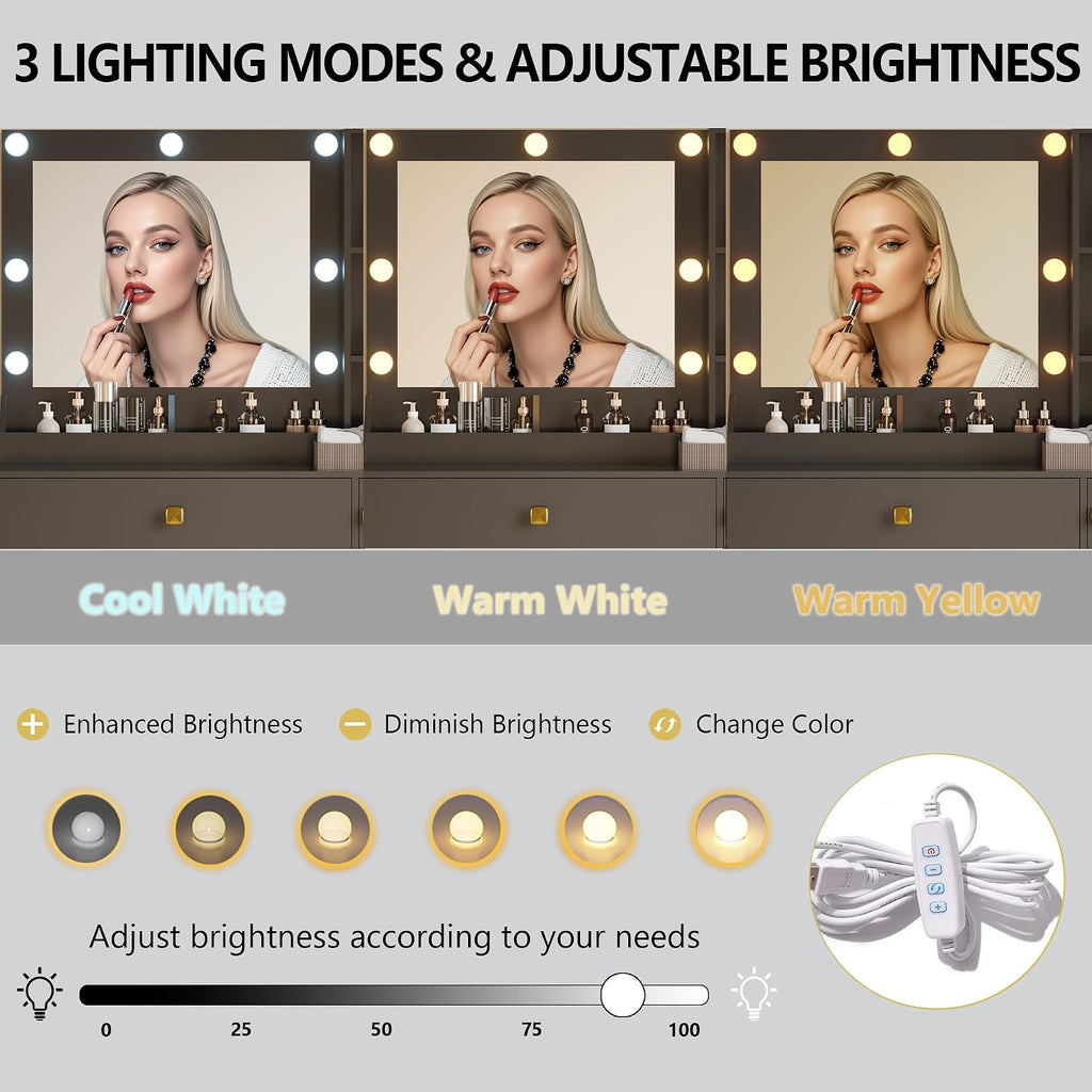 Vanity Desk with Mirror and Lights, Small Makeup Vanity Table with RGB Storage Cabinet & Power Strips & Shelves, 3 Lighting Modes & Adjustable Brightness, Dressing Table for Women Girls Bedroom, Black