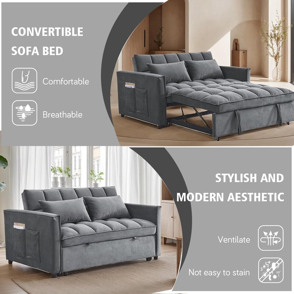 3 in 1 Convertible Sleeper Sofa Bed, 54'' Full Size Velvet Pull Out Futon Couch Recliner with Reclining Backrest & 2 Pillows, Small Loveseat Lounge Couches for Small Spaces (Medium Grey)