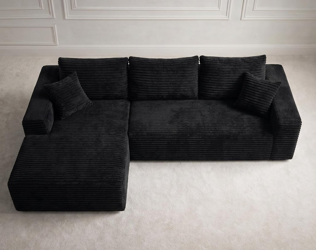 Boneless Modular Sectional Sofa, Cloud Couch with Left Facing Chaise, Oversized Deep Seat, L-Shaped, Soft Corduroy Fabric, Sectional Couch for Living Room -Black