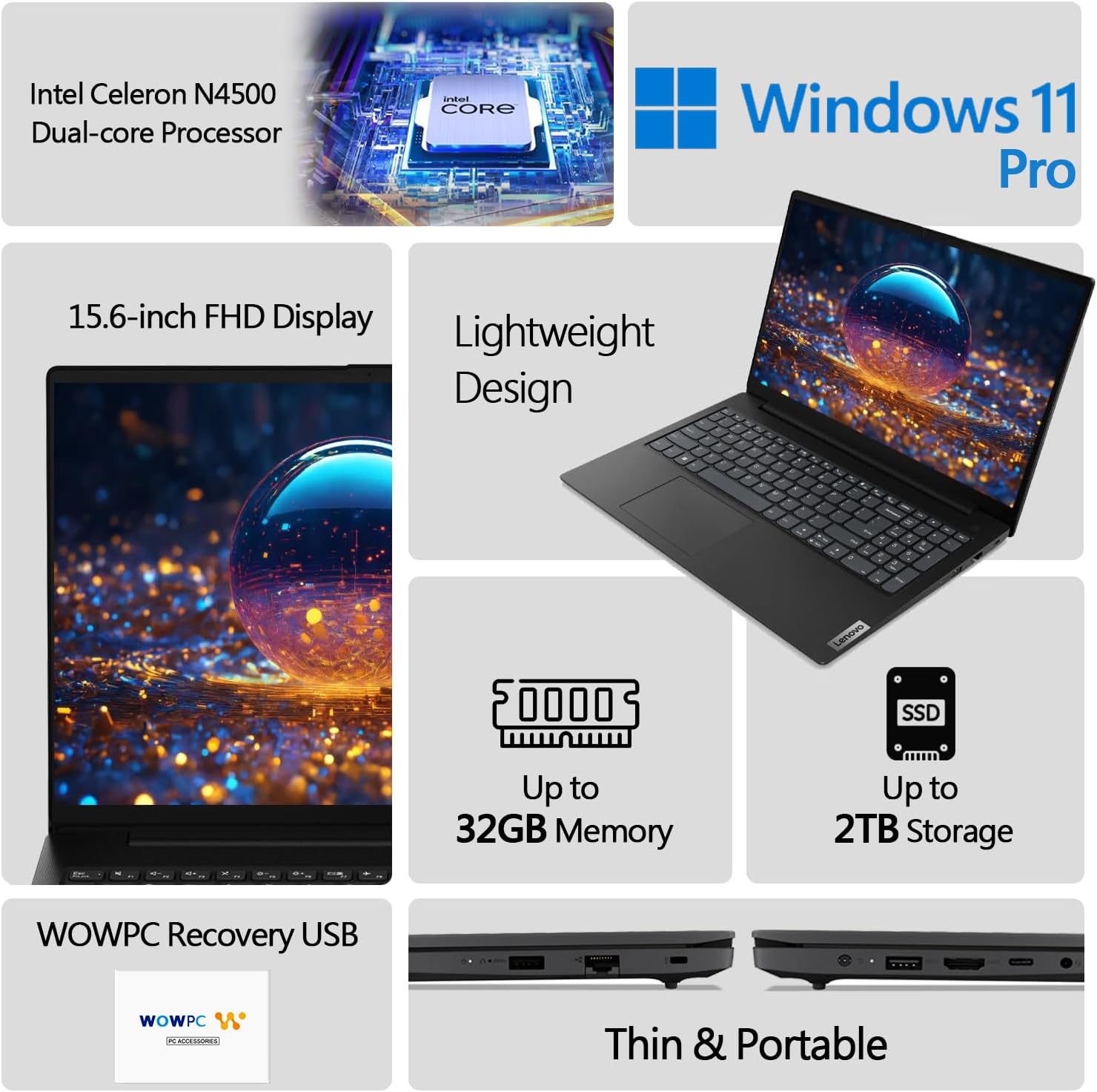 Lenovo New V15 Laptop · 16GB RAM · 256GB SSD · Intel Celeron N4500 Processor · Intel UHD Graphics · 15.6' FHD 1080p Anti-Glare Display · Ethernet RJ-45 · Windows 11 Pro · WOWPC Recovery USB