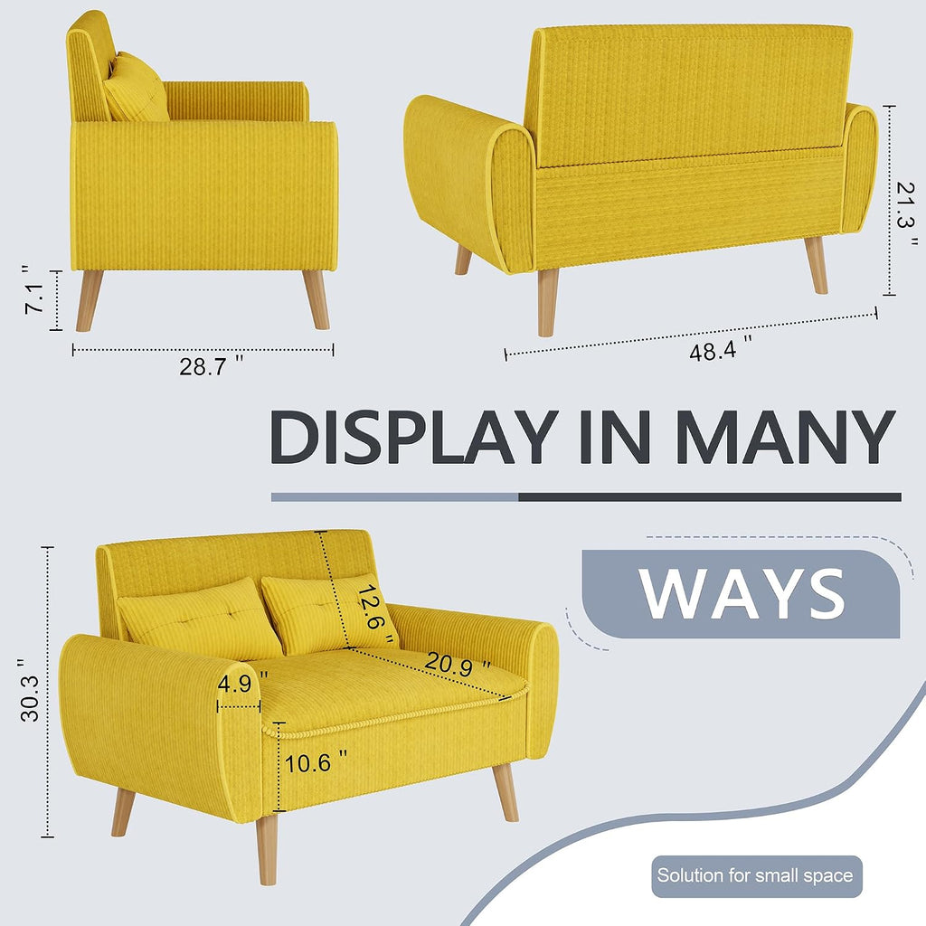 Shintenchi 48'' Loveseat Sofa, Mid-Century Modern Upholstered Couch Deep Seat with 2 Pillows, 10' Thick Cushion with Spring, Solid Wood Frame Small Couch for Living Room, Dorms & Office, Yellow