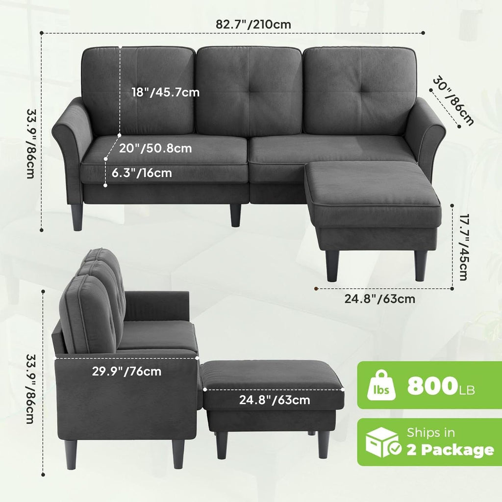 Welzona Sofas for Living Room, 83' Velvet Sectional Couch with Moveable Ottoman, Midcentury Modern Small Sectional Couch, L Shape Sofa & 3 Seater, Couches for Living Room, Apartment, Bedroom, Grey