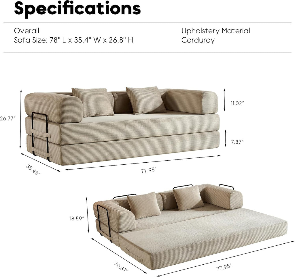 ZEIINPA Corduroy Floor Sofa Bed, Convertible Folding Couch Bed with Fixed-Shape Frame and Armrest for Living Room Bedroom Lounge Studio-Beige