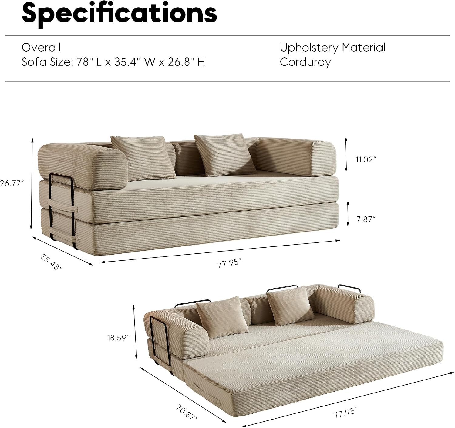 ZEIINPA Corduroy Floor Sofa Bed, Convertible Folding Couch Bed with Fixed-Shape Frame and Armrest for Living Room Bedroom Lounge Studio-Beige