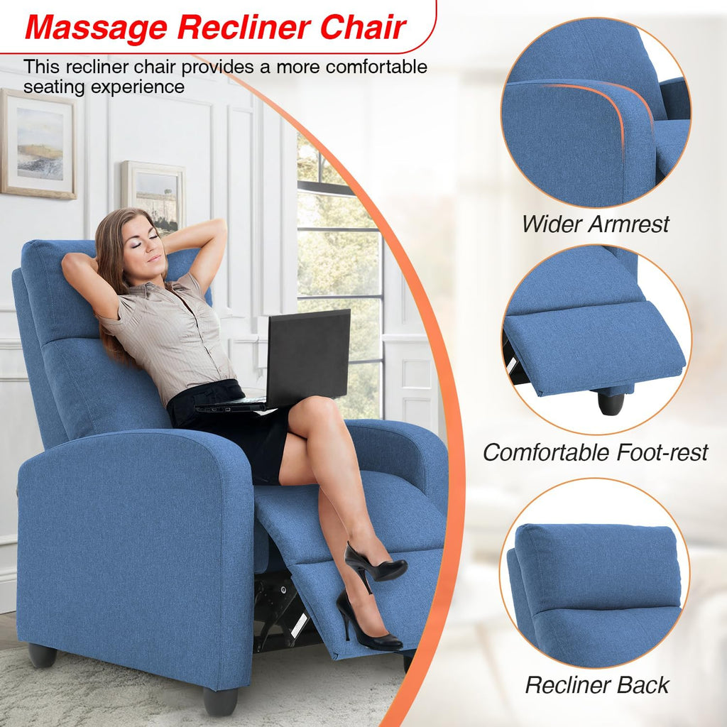 FDW Recliner Chair Massage Chair Reading Chair Reclining Sofa Home Theater Seating with Lumbar Support Massage and Padded Backrest for Living Room and Bedroom (Textile, Blue)