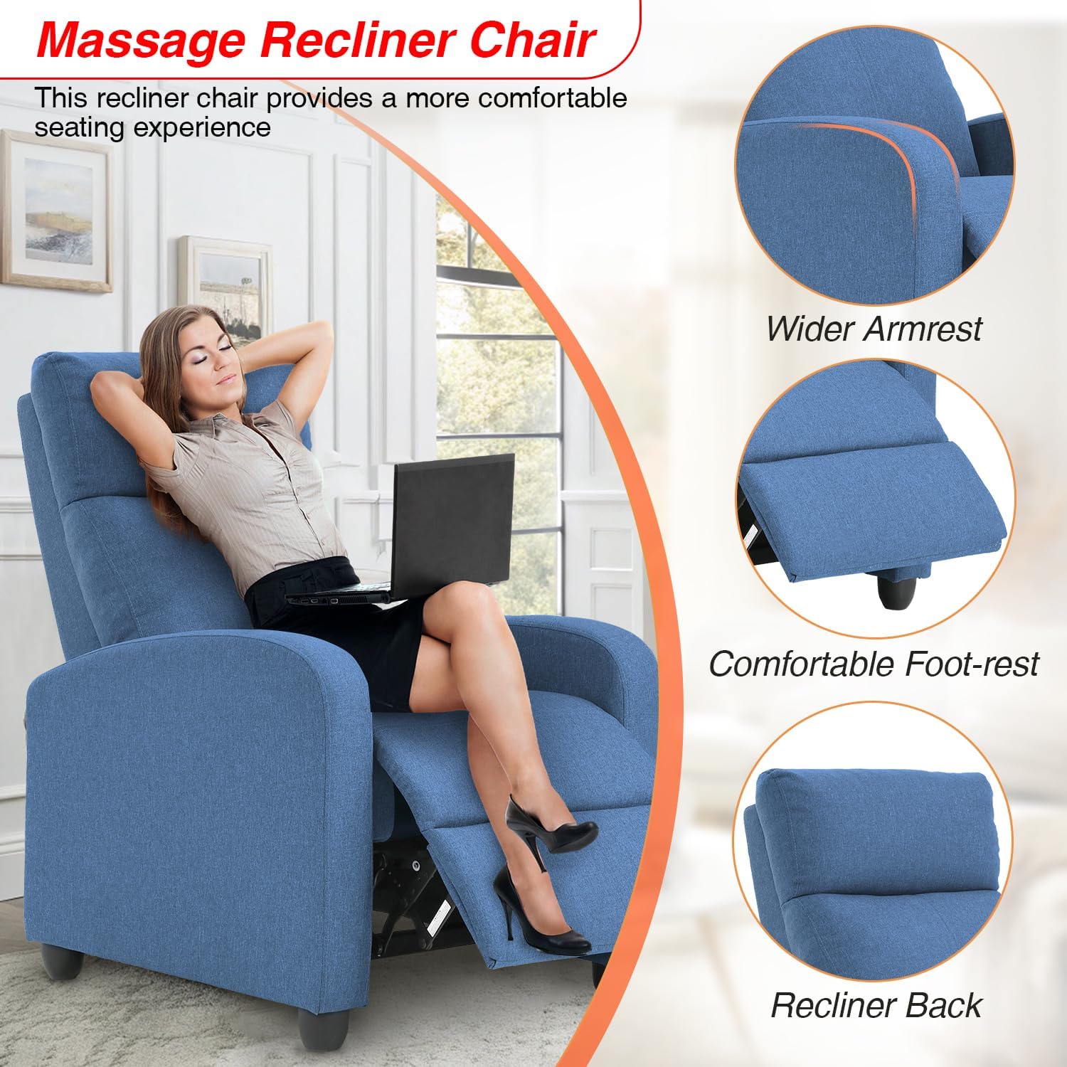 FDW Recliner Chair Massage Chair Reading Chair Reclining Sofa Home Theater Seating with Lumbar Support Massage and Padded Backrest for Living Room and Bedroom (Textile, Blue)