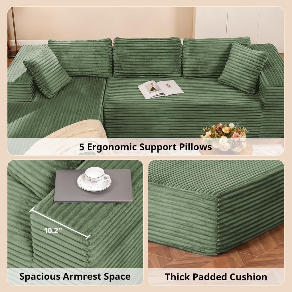 COMHOMA 105'Modular Sectional Sofa with Deep Seat,Cloud Upholstered L-Shape Couch Wide Arms Corduroy Fabric High-Density Foam Chaise Lounge for Living Room No Assembly Required