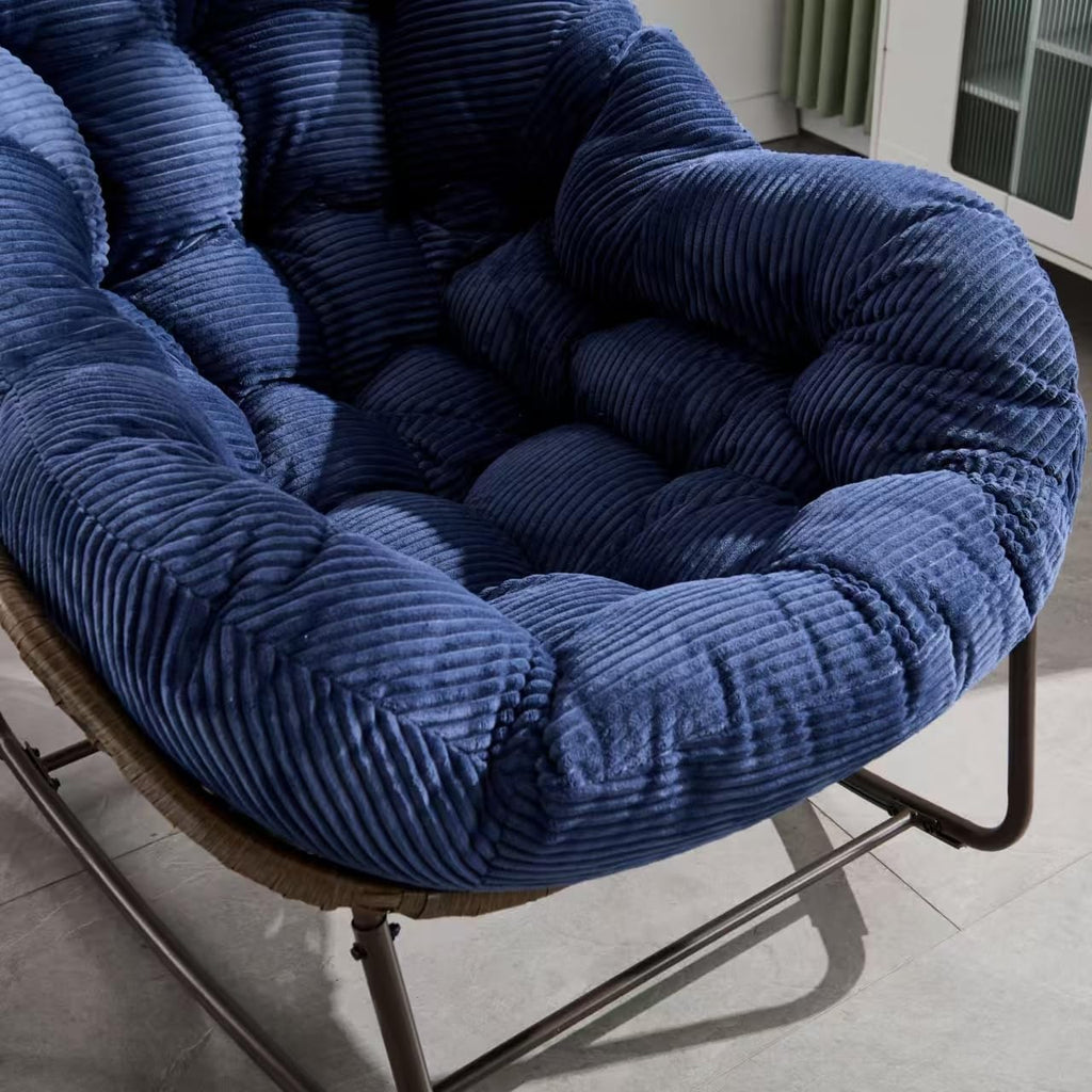 Outdoor Rattan Rocking Chair Oversized Papasan Recliner Lounger, Steel Frame & Thick Corduroy Cushion, Indoor/Outdoor Use for Patio, Porch, Backyard, Garden, Balcony, Navy Blue