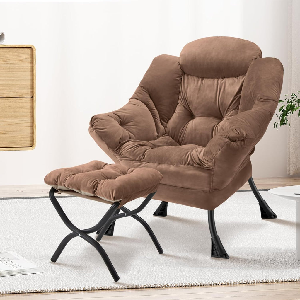 Lazy Chair with Folding Ottoman Modern Large Accent Chair,Contemporary Lounge Leisure Sofa Chair with Armrests Upholstered Sofa Armchair Reading Chair for Bedroom,Dorm & Office(Dark Brown-f)