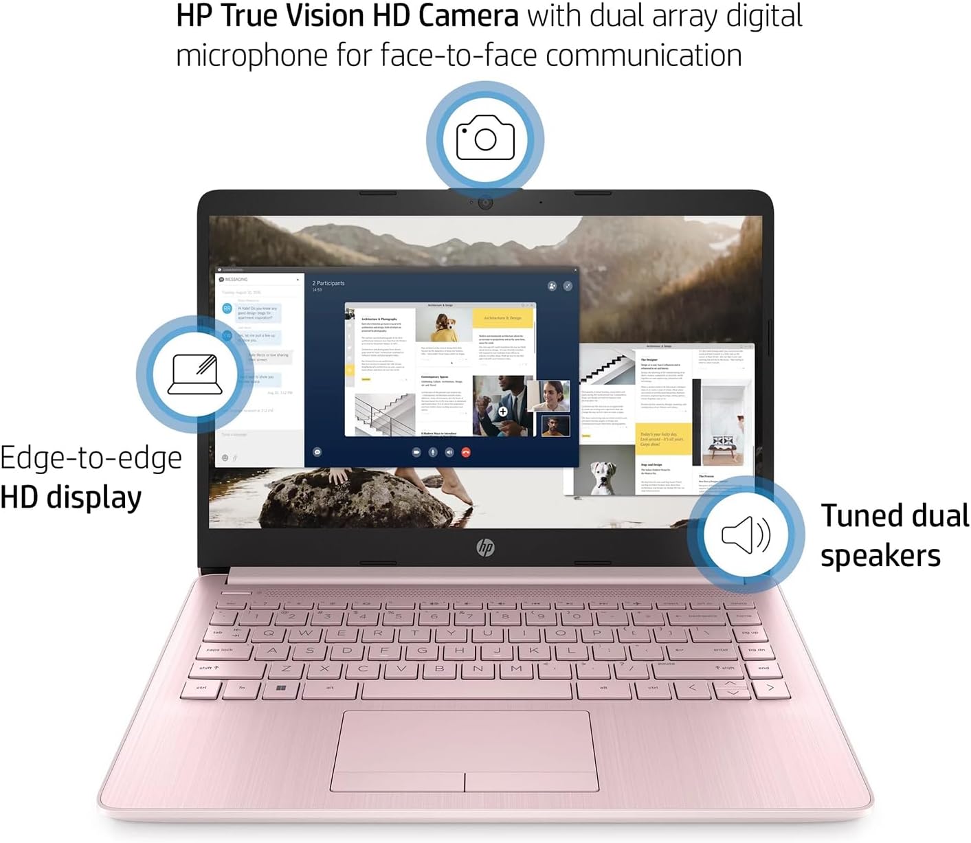 HP Portable Laptop (Include 1 Year Microsoft 365), 14'' HD Display, 16GB RAM, 64GB eMMC, Intel Quad-Core N4120, Student and Business, Webcam, HDMI, Wi-Fi, RJ-45, Windows 11 Home, Pink