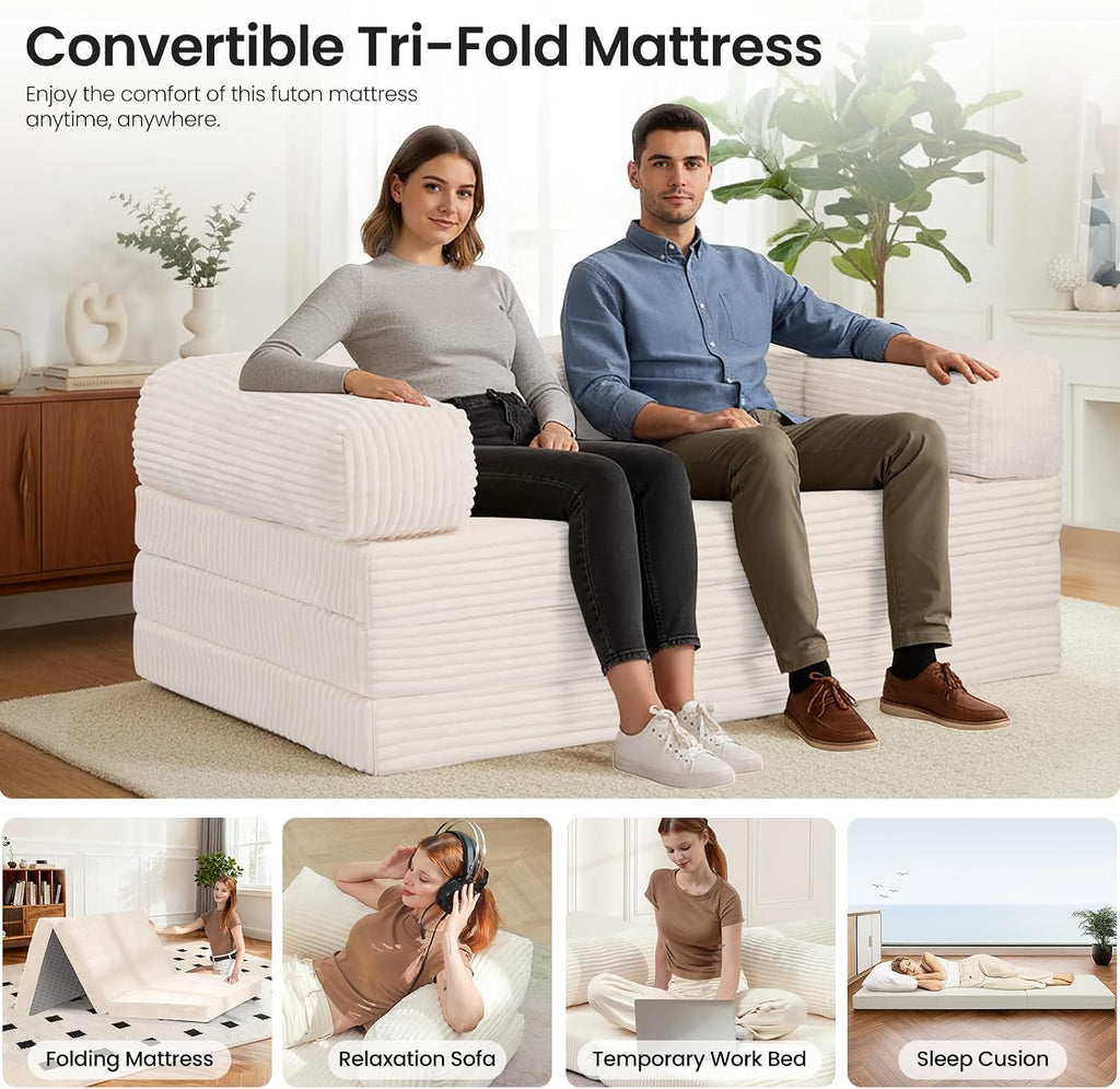 Tri-Fold Foldable Mattress, Convertible Folding Sofa Bed with Removable Arms & Washable Cover, All-in-One Portable Mattress Floor Sofa Bed, No Assembly Required & Non-Slip, Queen Size, Beige