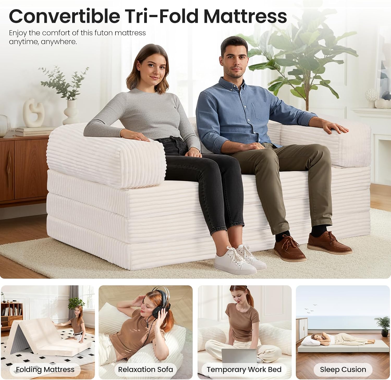 Tri-Fold Foldable Mattress, Convertible Folding Sofa Bed with Removable Arms & Washable Cover, All-in-One Portable Mattress Floor Sofa Bed, No Assembly Required & Non-Slip, Queen Size, Beige