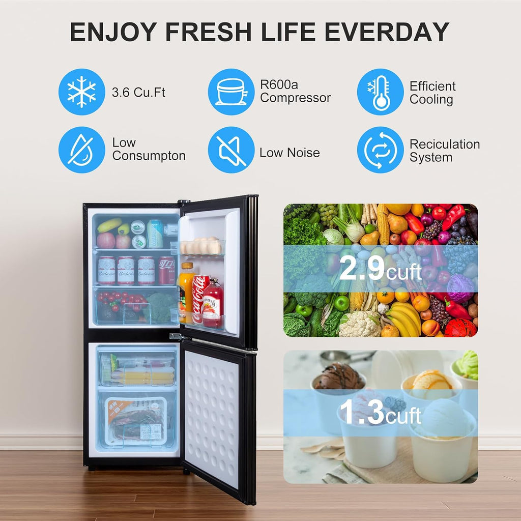 Cucina Magica 4.2 Cu Ft Mini Fridge for Bedroom, 2 Door Small Fridge, 7 Level Thermostat, LED Light, Small Refrigerator for Bedroom, Office, Dorm - Black