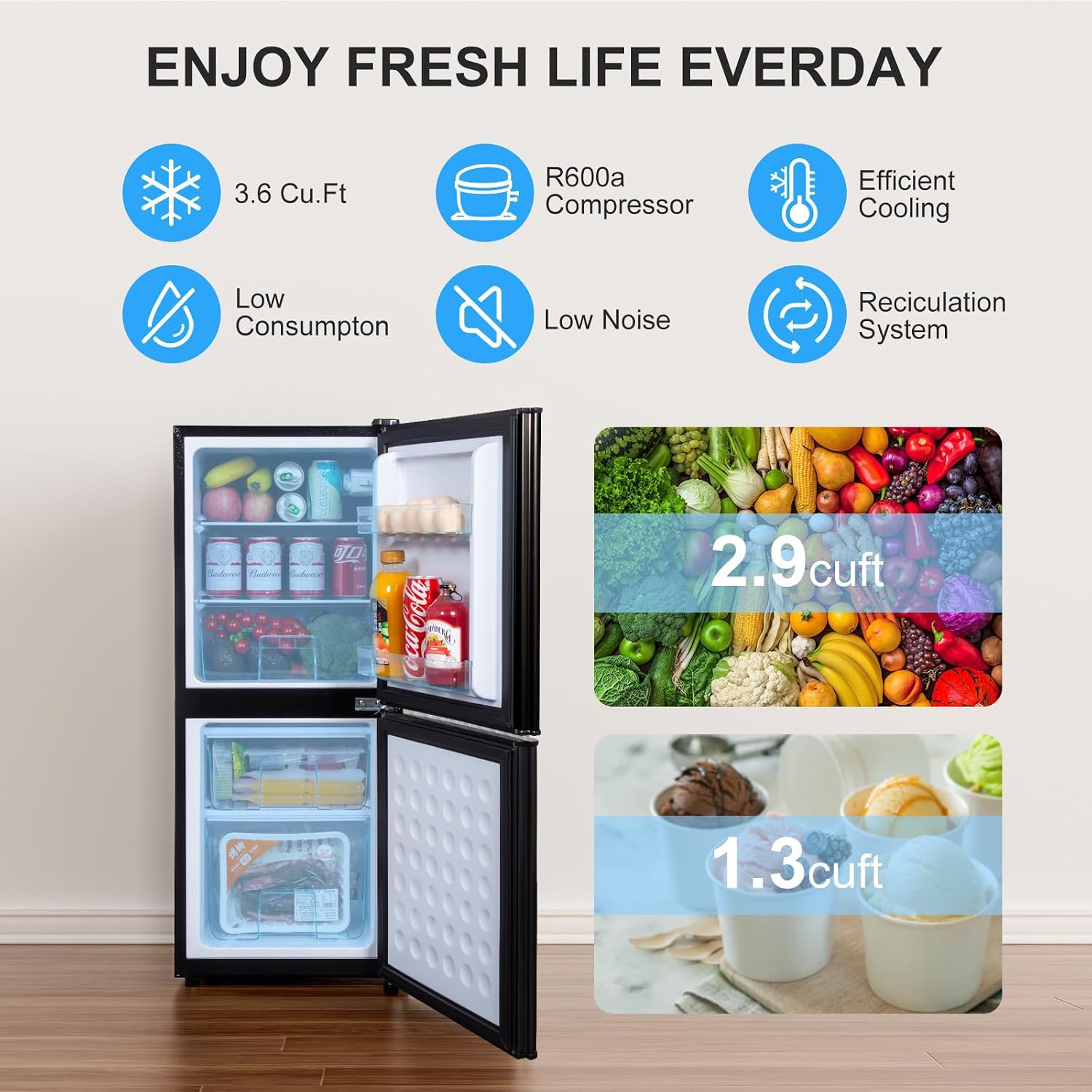 Cucina Magica 4.2 Cu Ft Mini Fridge for Bedroom, 2 Door Small Fridge, 7 Level Thermostat, LED Light, Small Refrigerator for Bedroom, Office, Dorm - Black