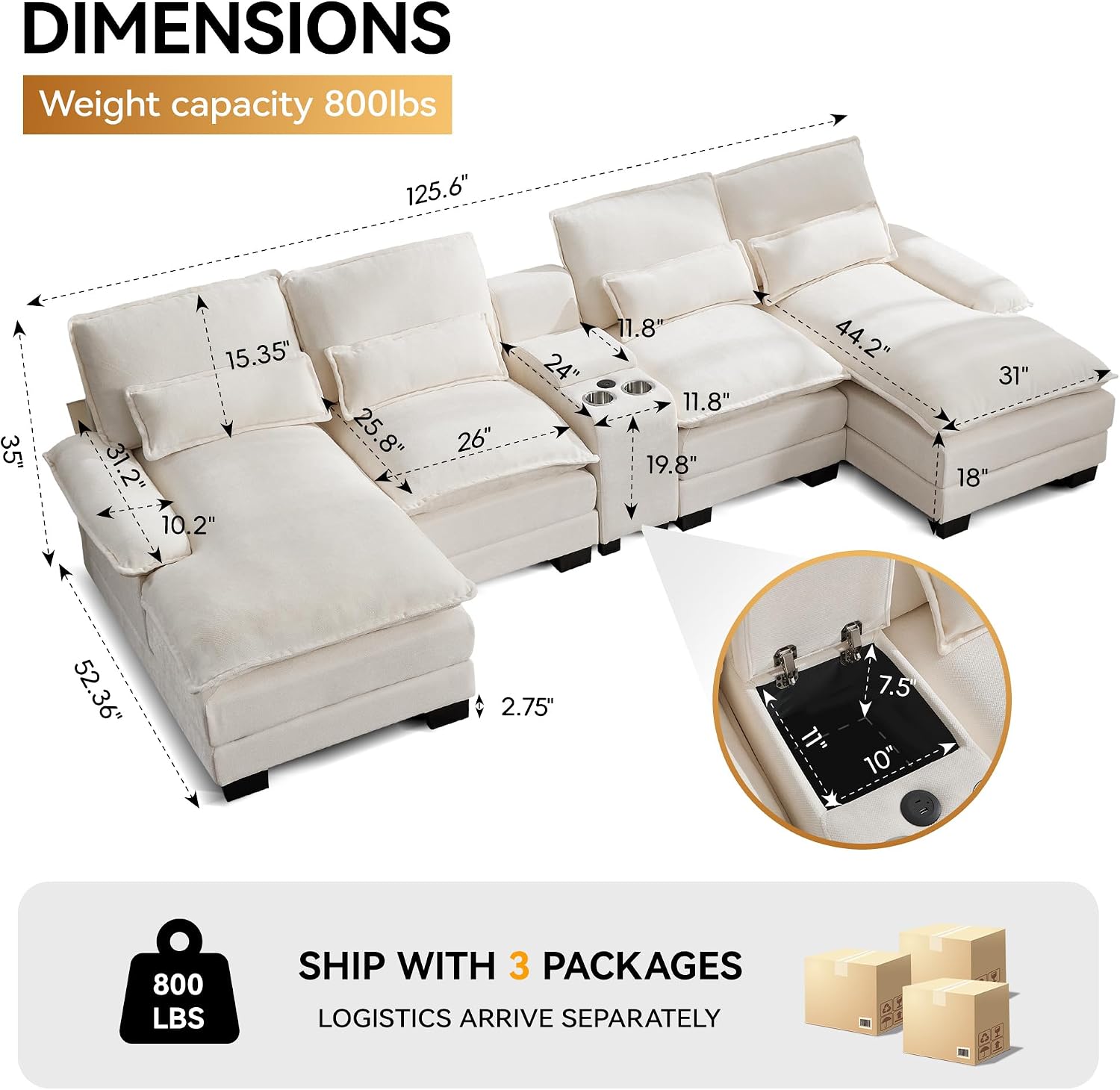 125'' U Shaped Cloud Modular Sectional Sofa with Chaise Lounges, Chenille Upholstered Comfy Couch with Storage Console, USB Charging Ports & Cup Holders, Small Deep Seat Sofa for Living Room, Beige