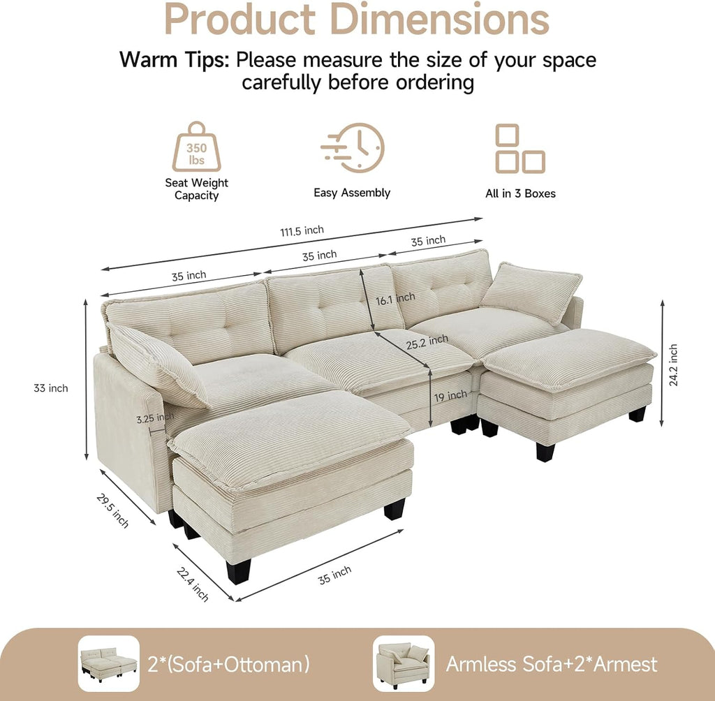 Amsleekey Modular Sectional Sofa, 111.5' U-Shaped Corduroy Comfy Sectional Couches for Living Room, 3-Seater Cloud Couches with 2 Movable Ottomans, Flexible Combination Modern Deep Seat Sofa (Beige)