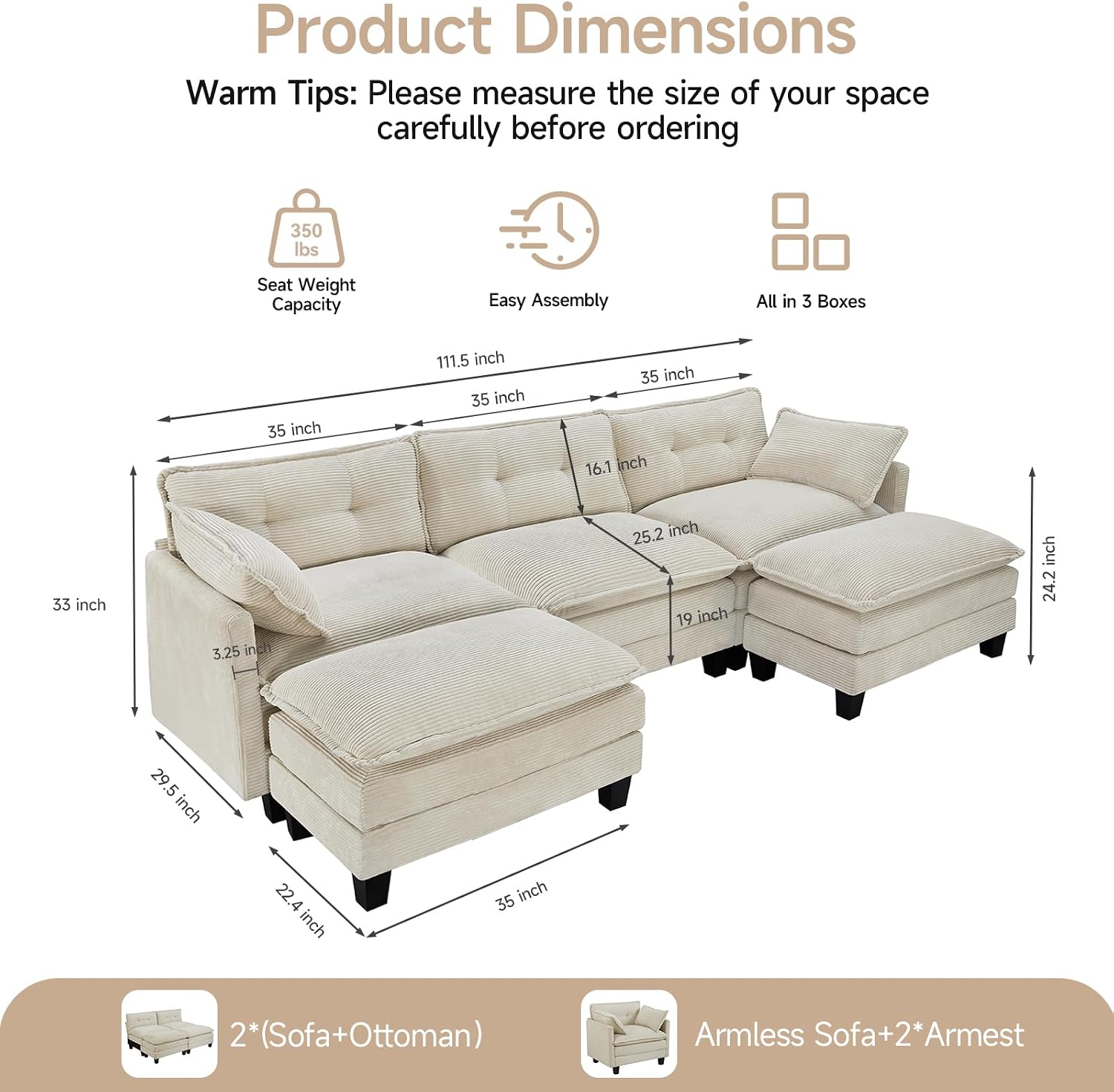 Amsleekey Modular Sectional Sofa, 111.5' U-Shaped Corduroy Comfy Sectional Couches for Living Room, 3-Seater Cloud Couches with 2 Movable Ottomans, Flexible Combination Modern Deep Seat Sofa (Beige)