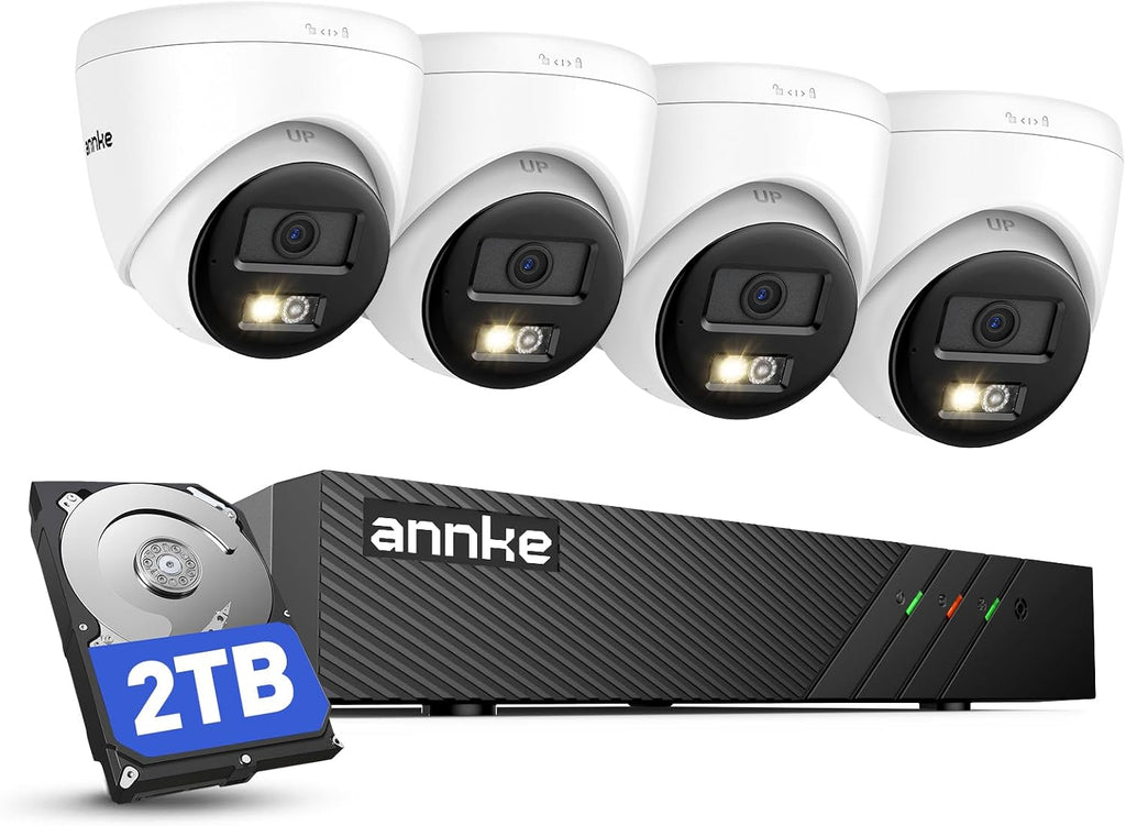 ANNKE H500 3K 5MP PoE Security Camera System, 4X 3K 5MP Outdoor IP Cams, Red and Blue Light Alarm, AI Detection, 8CH NVR with 2TB HDD for 24/7 Recording, Two-Way Audio, Color Night Vision, IP67