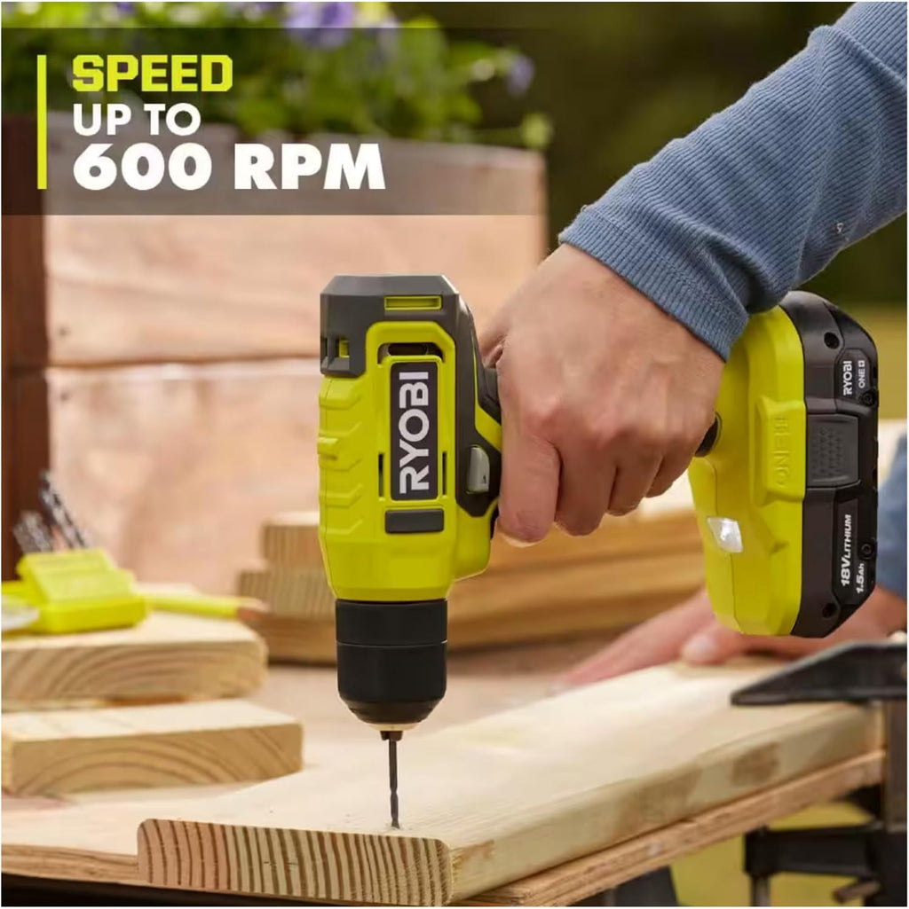 Buho Household Tool Kit Accessory Bundle - Ryobi 18V Cordless Drill Driver 1.5 Ah Battery Charger Hand Tools Drill Bits Tool Bag Holster Pouch Flashlight