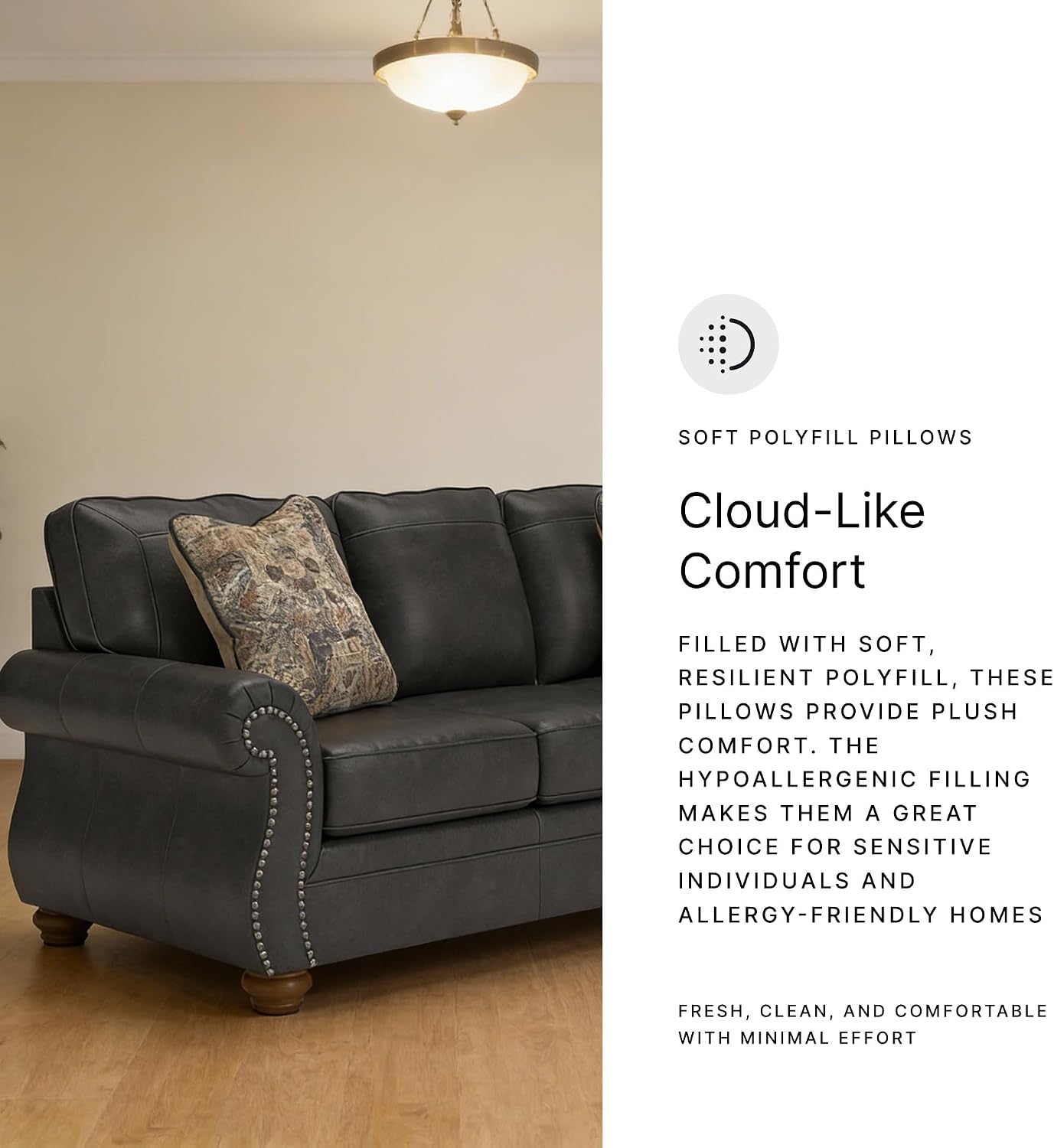 Signature Design by Ashley Chatterton Rustic Faux Leather Queen Sofa Sleeper with Bi-Fold Memory Foam Mattress, Nailhead Trim and 2 Throw Pillows, Queen, Black