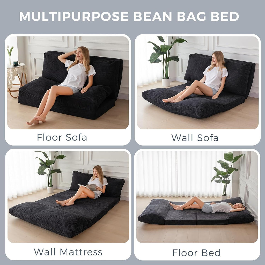 MAXYOYO Folding Sofa Bed, Extra Thick and Long Floor Sofa Convertible Sleeper Chair with Washable Cover, Floor Couch Lounge Bean Bag Bed for Living Room, Black, 30'x95'