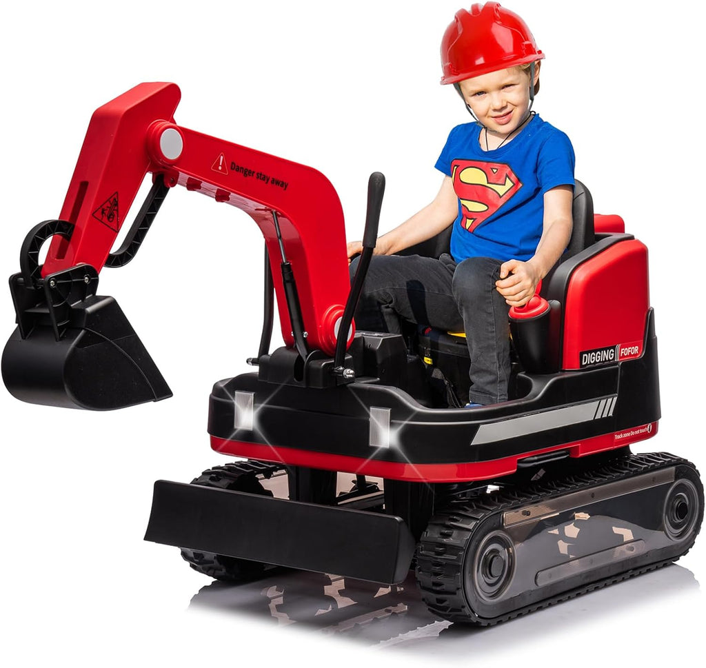 JOYLDIAS 360 Degree Rotating Ride On Excavator and Bulldozer,12V12AH Battery Powered Ride On Toy Backhoe W/Track Design Wheels for All Terrain,Remote Control,MP3,Toolbox for Kids,Parent,Red