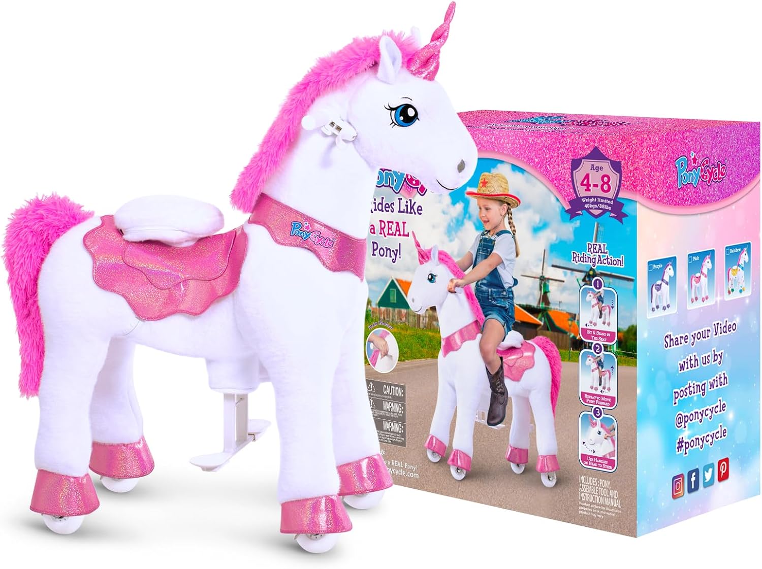 PonyCycle Ride on Unicorn Ride on Toys for Girls Riding Pink Unicorn Rocking Horse No Battery Required(with Brake/ 30' Height/Size 3 for Age 3-4) Ride-on Animals Plush Pony Toys E312