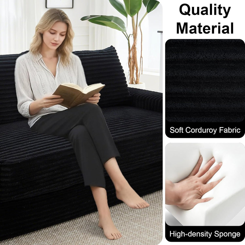 GNIXUU 71' Corduroy Cloud Loveseat Sofa, 2 in 1 Convertible Black Boneless Sleeper Sofa with Fixed-Shape Frame, Comfy Folding Love Seat Couches for Living Room, Apartment, Small Spaces