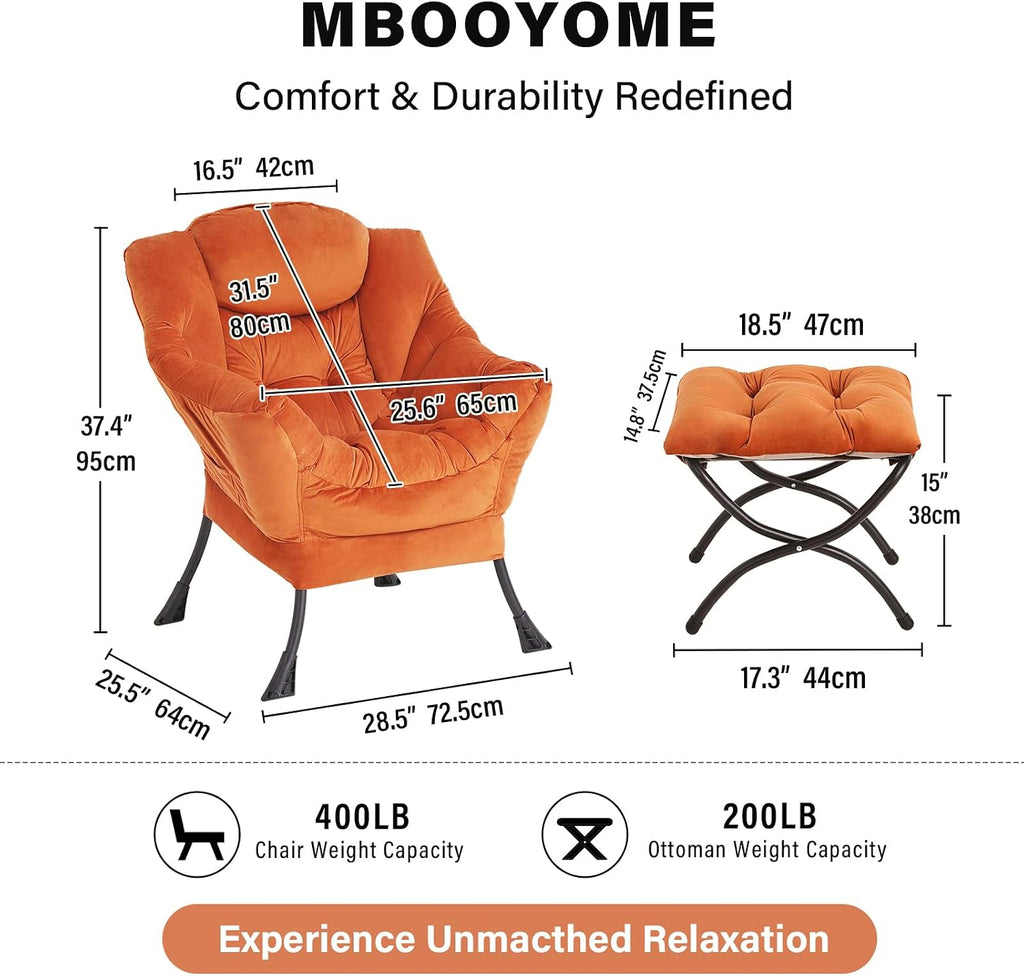 MBOOYOME Lazy Chair with Folding Ottoman, Modern Accent Armchair with Armrests, Side Pocket & Foldable Footstool, Reading Chair for Living Room, Bedroom, Dorm & Office, Velvet Orange