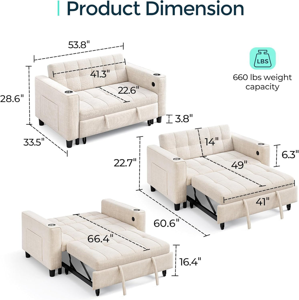 LINSY Sleeper Sofa Bed, 54' Pull Out Couch with Charging Station & Cup Holder, Small 3 in 1 Convertible Loveseat Sleeper Couch for Apartment, Dorm Room, Bedroom and Small Space(Chenille Beige)