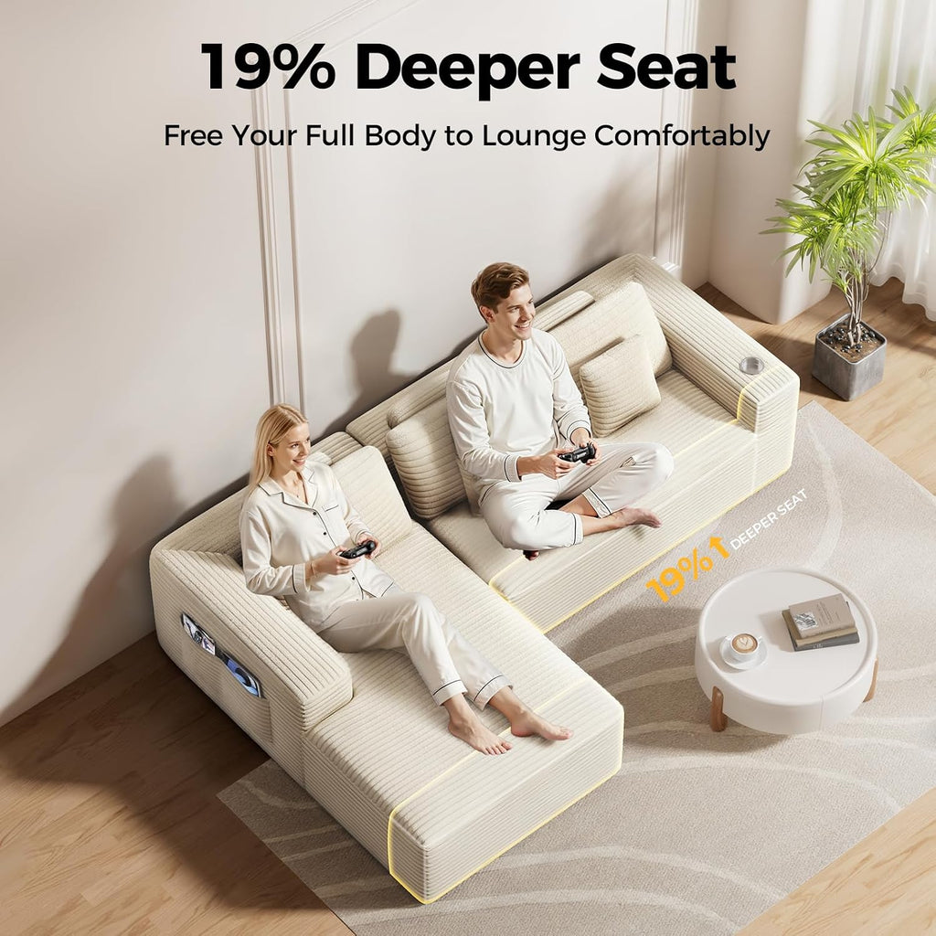 CAMMOO 108' Cloud Sectional Couch in One Box, Compressed Modular Sectional Sofa with Deep Seat, Corduroy Boneless Couches, L-Shaped Sofa for Living Room, 4 Storage Pockets(Left Facing Chaise, Beige)