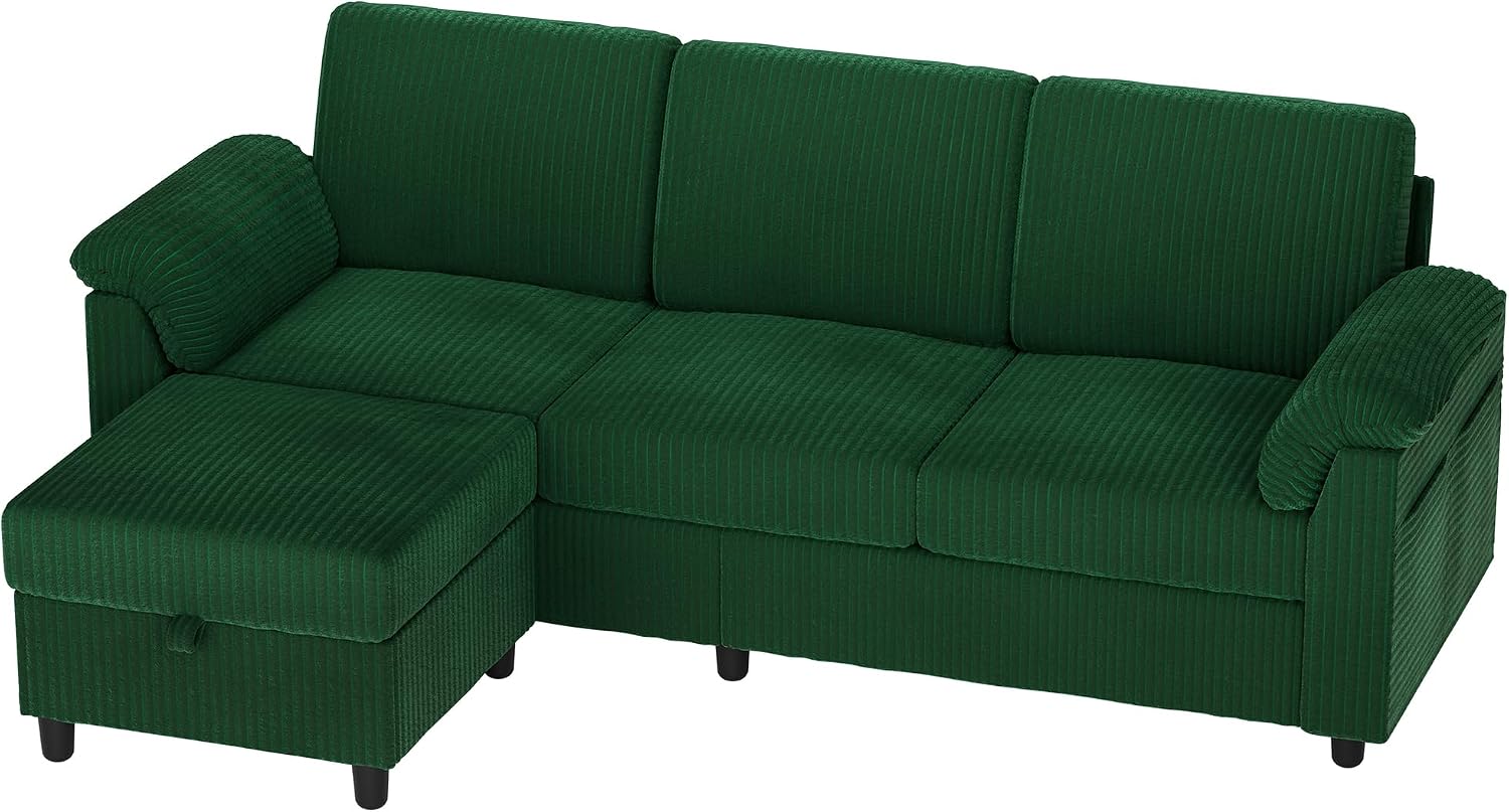 Vongrasig 79' Convertible Sectional Couch Sofa with Storage Ottoman, 3 Seat L Shaped Couch with Side Storage Pockage, Small Couches for Living Room, Apartment and Small Space (Green)
