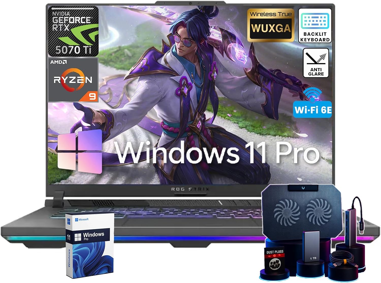 ASUS ROG Strix G16 Gaming Laptop, Dedicated GeForce RTX 5070 Ti GDDR7, 16'' WUXGA Anti-Glare Display, AMD Ryzen 9 8940HX, Backlit KB, AI Noise Cancellation, Win 11 Pro, Accessories, 64GB DDR5+4TB SSD