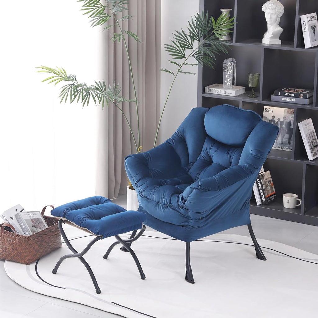 MBOOYOME Lazy Chair with Folding Ottoman, Modern Accent Armchair with Armrests and a Side Pocket & Foldable Footstool, Reading Chair for Living Room, Bedroom, Dorm & Office, Royal Blue