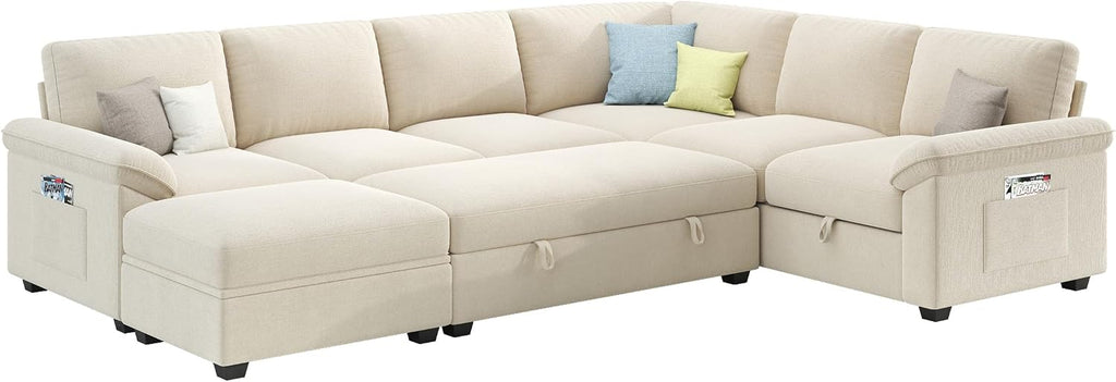 Jocisland 105' Sofa Bed, Sectional Sleeper Sofa with Pull Out Bed/Reclining Backrest, Sleeper Couch Bed with Storage, 6 Seater Couch Bed for Living Room, Chenille Beige