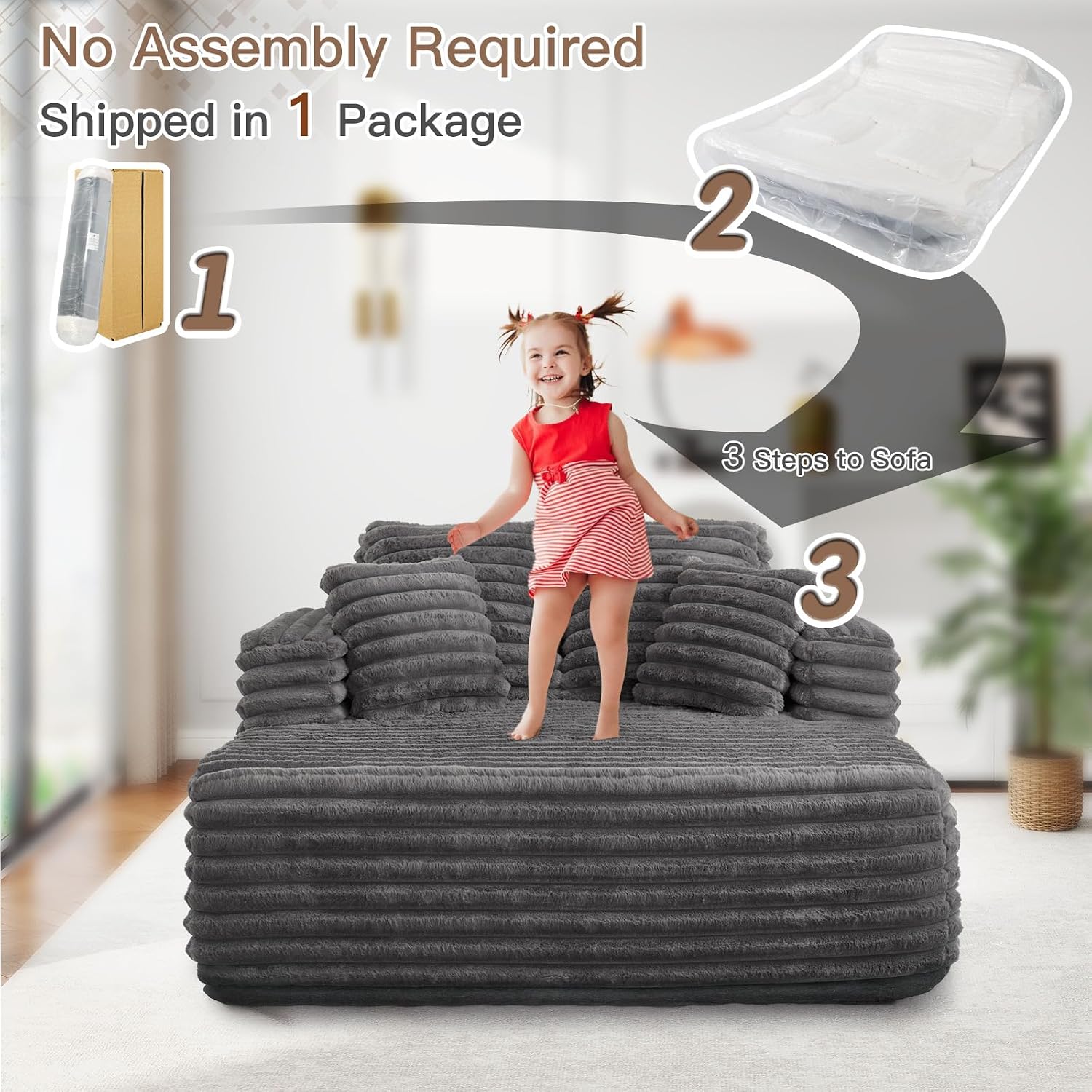 JEEOHEY 56' Oversized Chaise Lounge Chair Indoor,Plush Faux Fur Sleeper Sofa Couch Bed with Pillows&Wide Armrests,Fluffy Comfy Cloud Couch,Compression Foam Couch for Living Room,Bedroom(Grey)