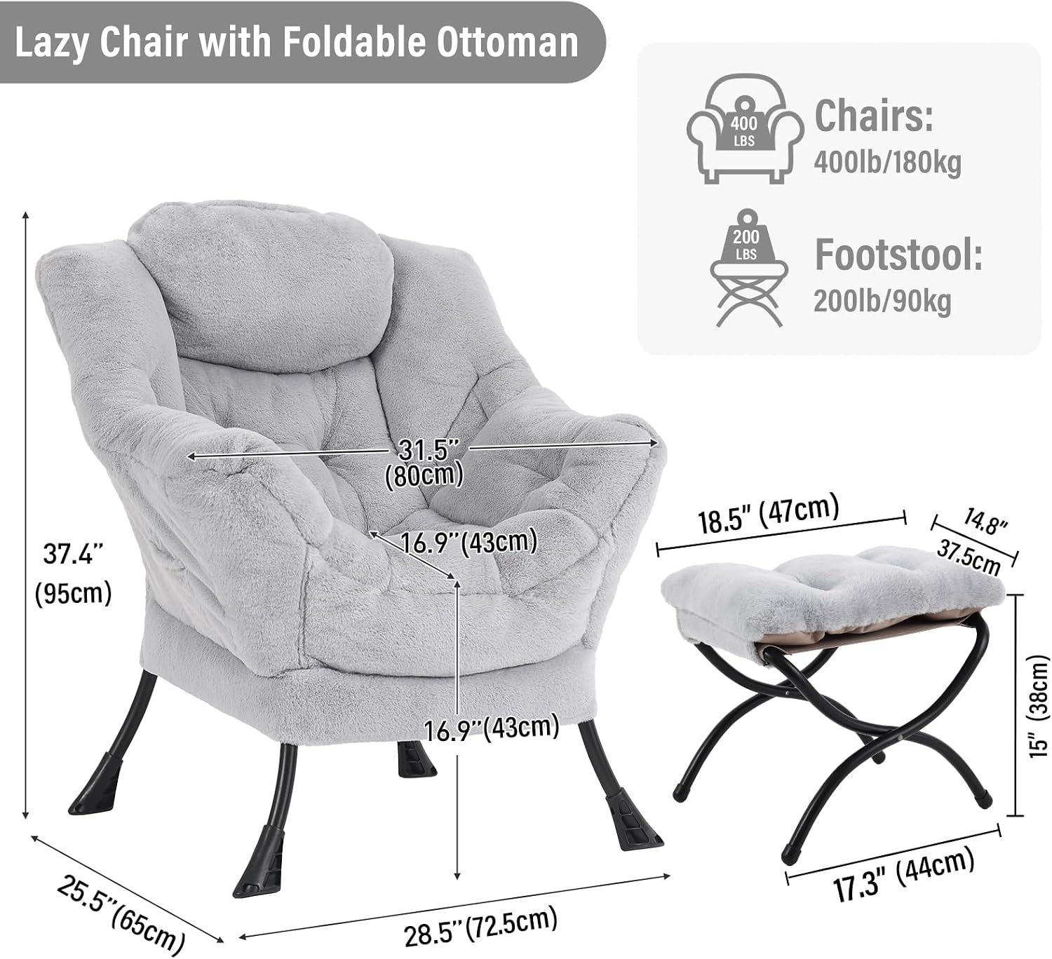 Furlide Lazy Chair with Ottoman, Modern Accent Chair with Armrests and a Side Pocket, Plush Grey Accent Chairs, Reading Chairs, Oversized Armchairs for Bedroom, Study, Living Room, Courtyard