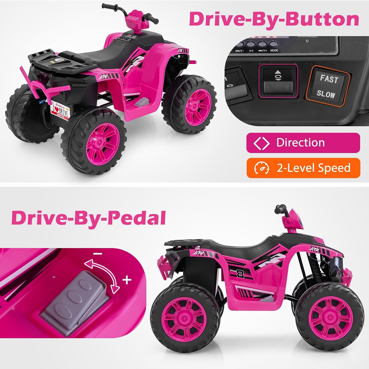 Costzon Kids ATV, 24V Four Wheeler Quad Ride on Car w/Forward/Backward, 2 Speeds, Wireless Connection, Music, Radio, LED Lights, Electric Vehicle Toddler 4 Wheeler for Kids, Boys & Girls 3-8 (Pink)