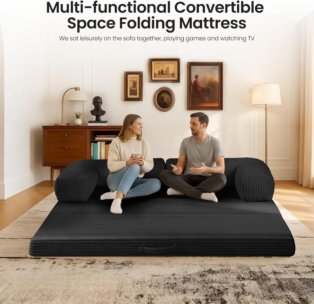 Tri-Fold Foldable Mattress, Convertible Folding Sofa Bed with Removable Arms & Washable Cover, All-in-One Portable Mattress Floor Sofa Bed, No Assembly Required & Non-Slip, Queen Size, Black