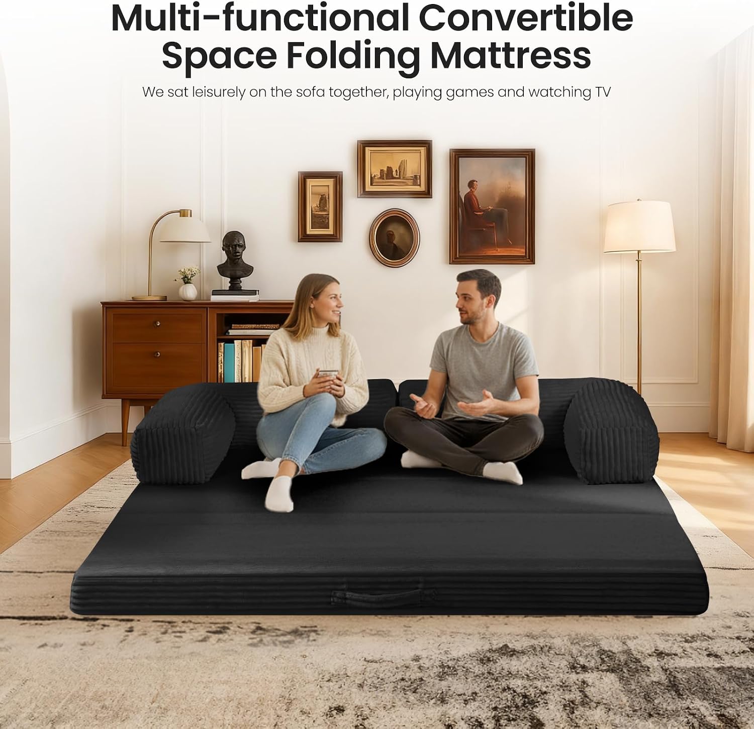 Tri-Fold Foldable Mattress, Convertible Folding Sofa Bed with Removable Arms & Washable Cover, All-in-One Portable Mattress Floor Sofa Bed, No Assembly Required & Non-Slip, Queen Size, Black