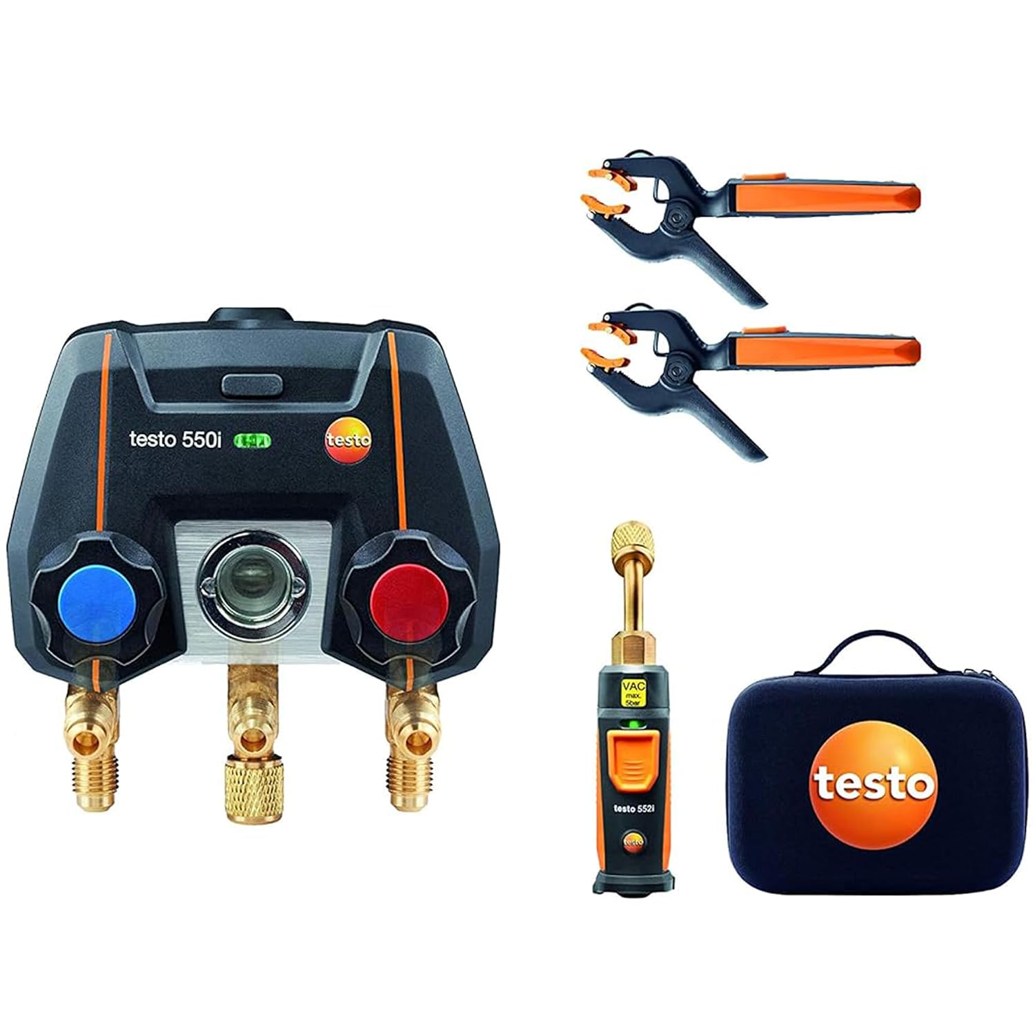 Testo 550i AC Manifold Gauge Set – Manifold Gauges & Refrigeration – Incl. 1x 552i Micron Gauge & 2x 115i Pipe Clamp For Air Conditioning, Refrigeration Systems & Heat Pumps – Bluetooth – App Operated