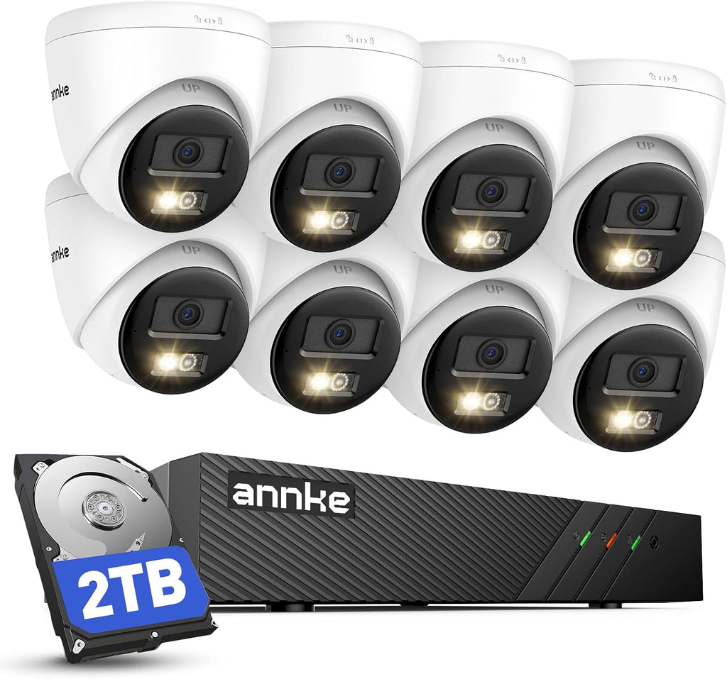 ANNKE H500 3K PoE Security Camera System with 8CH NVR, 8pcs 5MP Outdoor IP Cams, Red and Bule Light Alarm, AI Detection, 2TB HDD for 24/7 Recording, Two-Way Audio, Color Night Vision, IP67