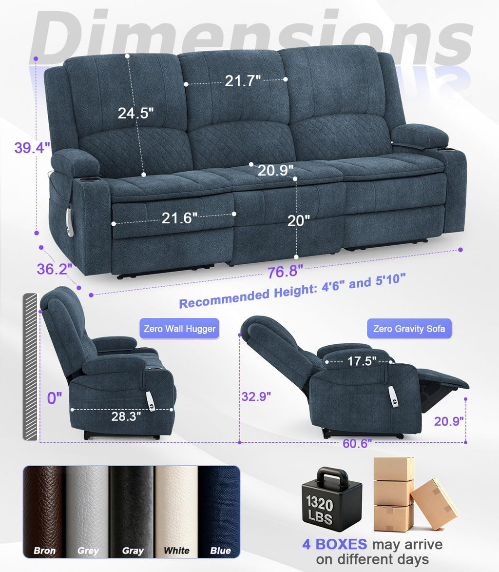 Power Loveseat Recliner Sofa, Removable Armrest 3 Seats Power Reclining Loveseat with Remote Liftable Console, Wall Hugger RV Theater Seating with Storage & USB & RGB (Fabric, Blue)